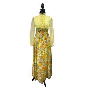 Vintage 70s Floral Maxi Dress with Bow